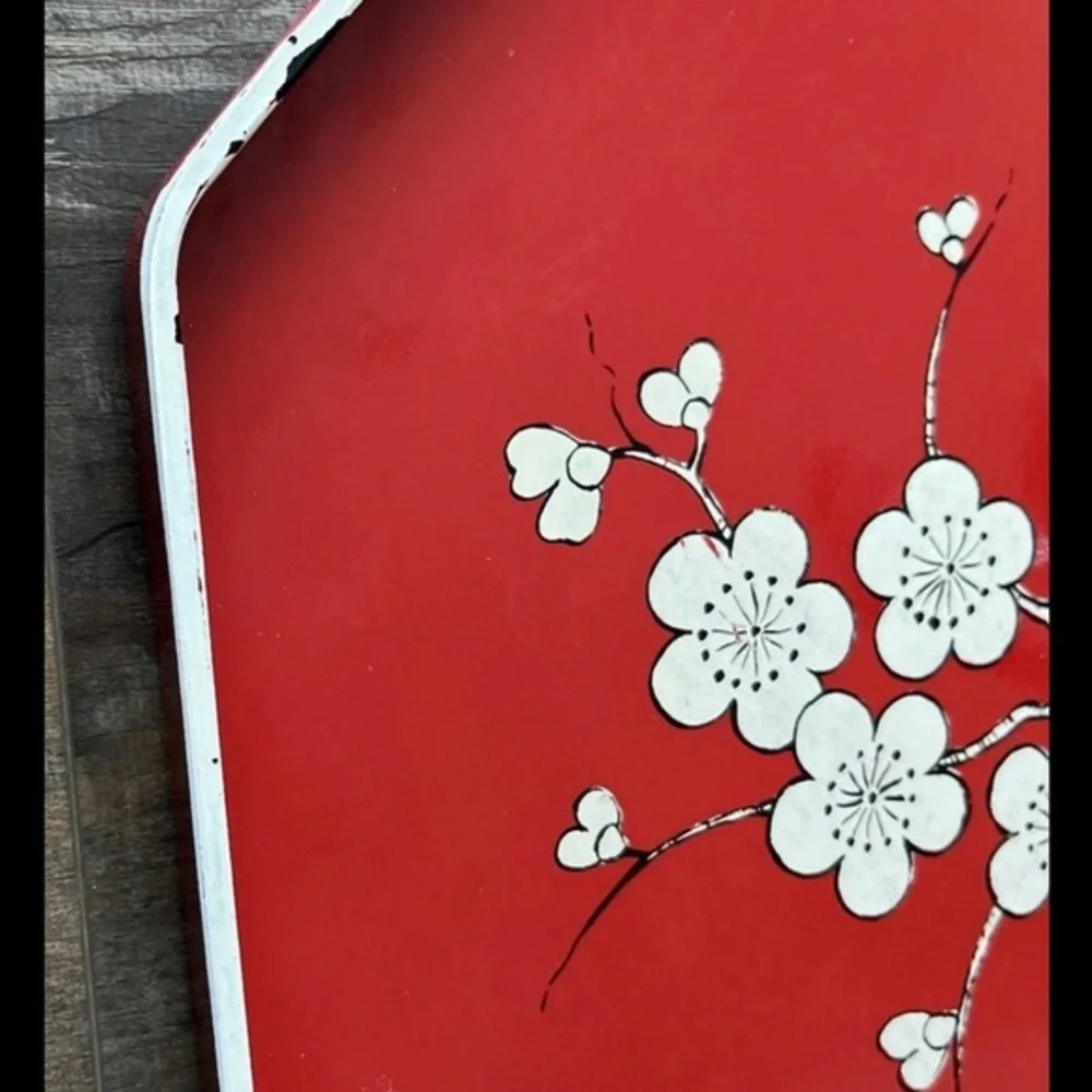 Vintage 1979 M. Kamenstein Red Cream Cherry Blossom Asian Octagonal Serving Tray